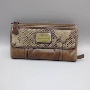 Fossil Long Live Vintage 1954 Wallet Lamb Hide Leather Brown Bi-fold Top Zip